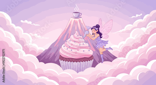 Enchanting fairy with a giant cupcake on a mountain peak.
