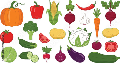 Large collection of hand drawn vegetable icons including pumpkin, corn, broccoli, carrot, eggplant, and tomato for healthy eating and vegan concepts.