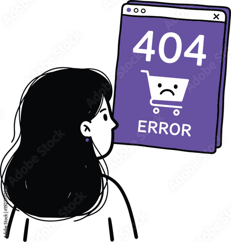 Woman looking at a phone screen displaying a purple "404 ERROR" message with a sad shopping cart, signifying website issues