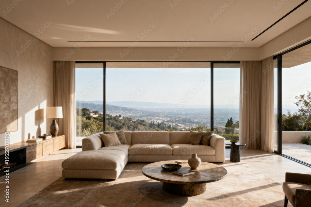 Fototapeta premium Luxury Modern Minimalist Living Room with Large Windows