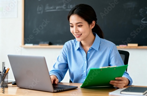 Wallpaper Mural Asian Female Teacher Working at Laptop in Classroom Torontodigital.ca