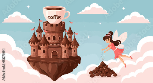 Fantasy coffee castle with a fairy and coffee beans.