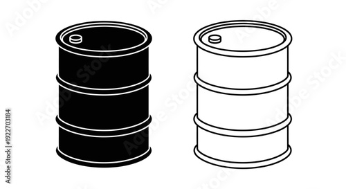 Two black and white oil barrels, minimalist, vector illustration, industrial design Vector
