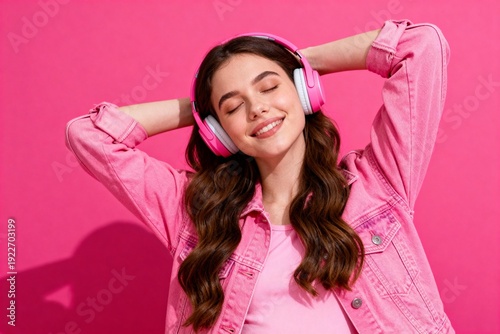 Wallpaper Mural Young Woman in Pink Denim Jacket Listening to Music Torontodigital.ca