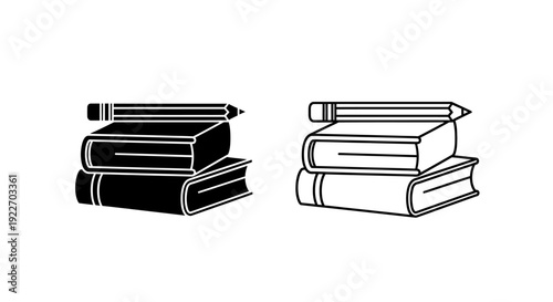 Stacked books with pencils on top, minimalist black and white illustration Vector