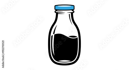 Black liquid in a glass bottle with a blue lid, isolated on white background Vector