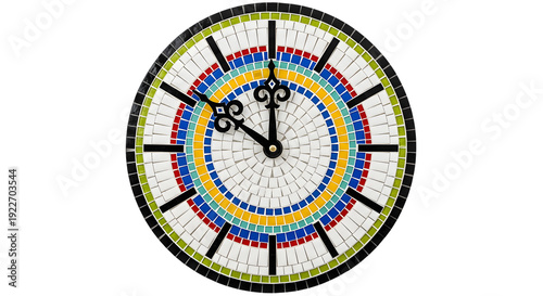 Colorful mosaic clock face in modern abstract style with bright multicolor tiles and black frame for interior design