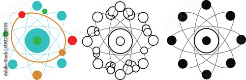 Set of atomic model icons in flat color, outline, and black silhouette styles for physics and chemistry education.