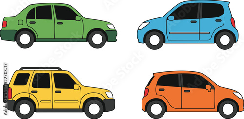 Set of colorful car and SUV vector icons featuring green sedan blue hatchback yellow off-road vehicle and orange compact car silhouettes.