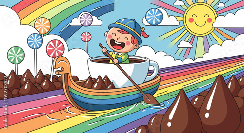 Joyful child in a teacup boat paddling through a river of chocolate.