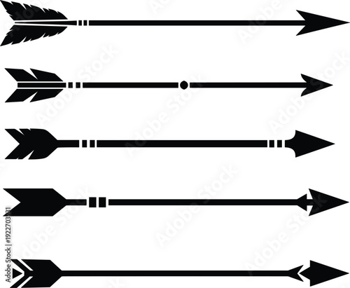 Set of five black decorative arrow silhouettes featuring tribal feathered fletching and sharp tips for bohemian graphic design and ethnic bow hunting illustrations.