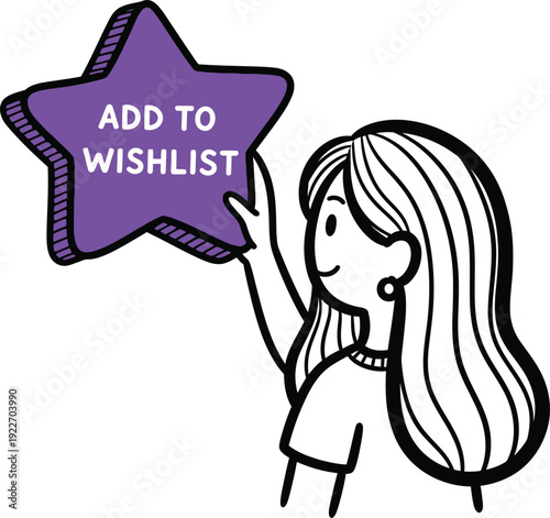 Smiling woman holding a purple star with 'ADD TO WISHLIST' text, encouraging users to save items for later purchase online.