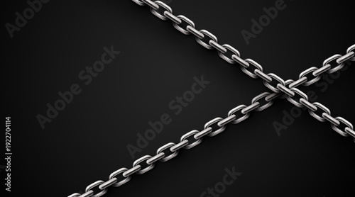 Realistic metal chains crossing on a dark background. Strong and secure link concept.