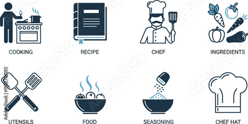 Set of professional cooking and culinary icons featuring chef silhouettes, recipe books, kitchen utensils, and fresh food ingredients for restaurant branding.