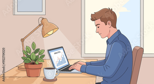 Man working on laptop at desk with plant and coffee.