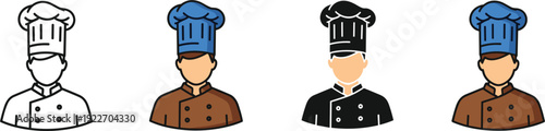 Set of professional male chef avatars in various styles including line art, flat color, and silhouette.