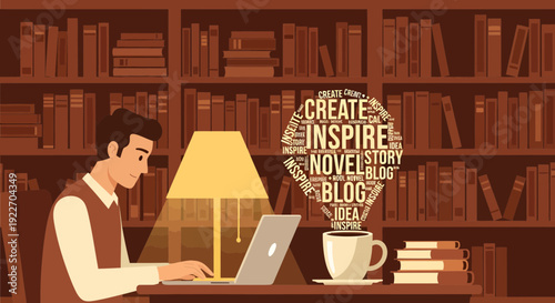 Man working on laptop with creative ideas in a library setting.