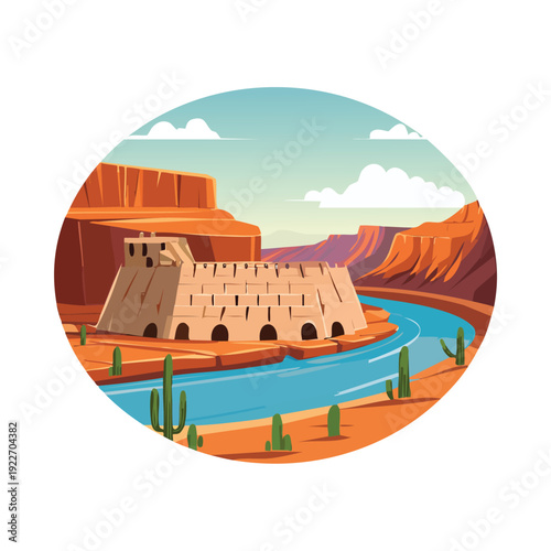 Desert canyon illustration with river and sandstone building
