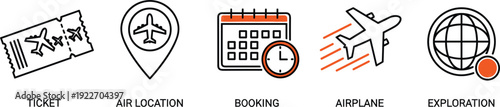 Set of professional travel and aviation vector icons featuring airline ticket, air location pin, booking calendar, airplane flight, and global exploration symbols with orange accents.