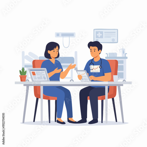 Flat Illustration Two Medical Professional Discussing Patient Data at Hospital Room