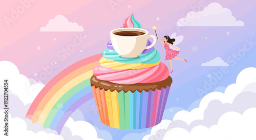 Rainbow Cupcake with Coffee Cup and Small Cupcake.