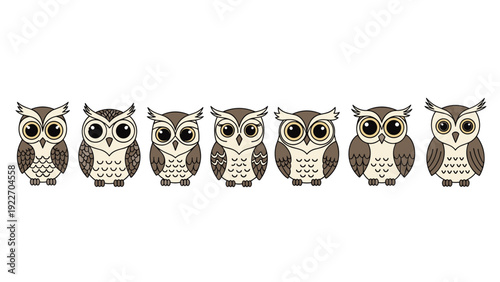 Row of seven charming cartoon owls with big round eyes and distinct brown and cream plumage patterns in a simple illustrative style.