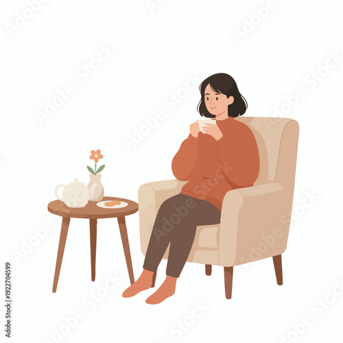 Flat Illustration Woman Enjoying Tea Time in Armchair Interior Scene