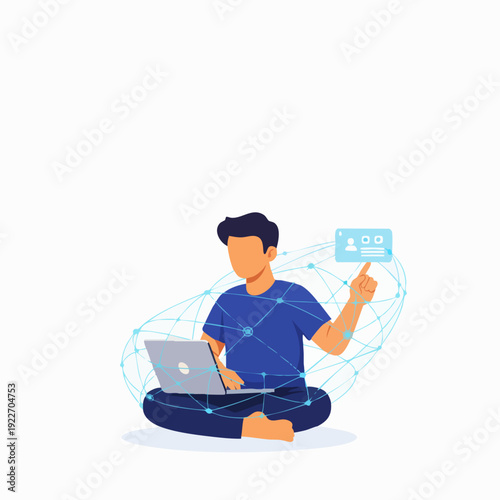 Flat Illustration Young Man Using Laptop Connecting to Digital Network