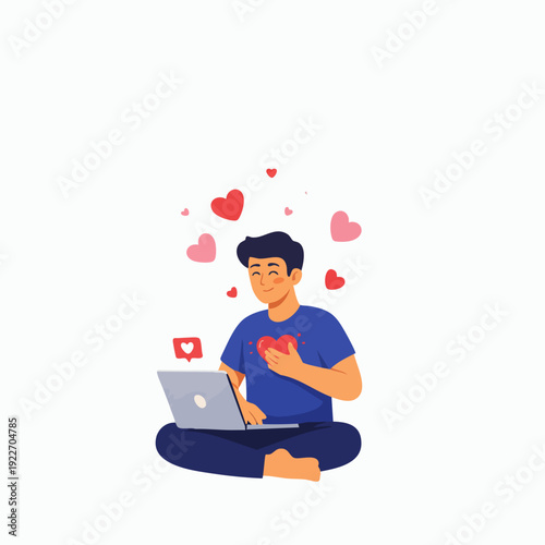 Flat Illustration Man Sending Love with Laptop Communication and Hearts