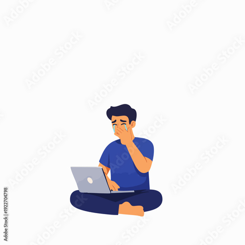 Cartoon Flat Illustration Man Sitting with Laptop Thinking Problem Solving