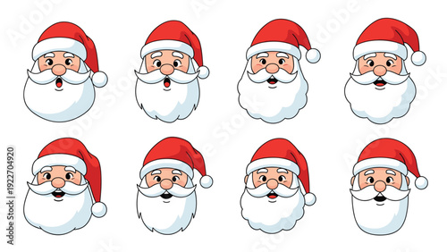 Set of santa claus heads with various facial expressions like happy surprised and singing for festive christmas holiday emoji stickers.