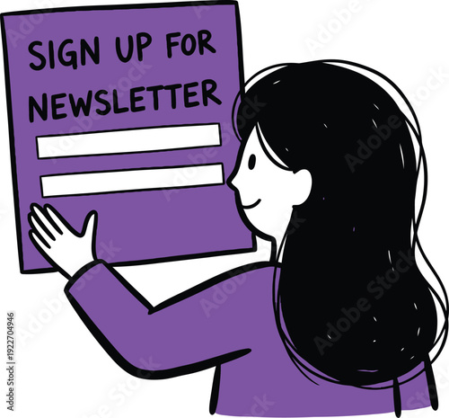 Illustration of a woman reaching towards a purple sign with 'Sign Up for Newsletter' and input fields