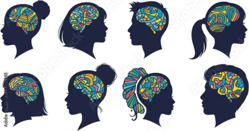 Silhouettes of various brains. Neurodivergent spectrum awareness concept. Different heads, unique minds and creative thinking. Autism, ADHD and cognitive differences inclusion vector flat illustration