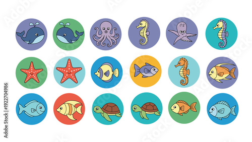 Collection of circular icons featuring colorful sea creatures like whales seahorses octopuses and fish for marine life educational sets.