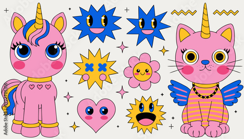 Very beautiful kawaii unicorn pony and funny cat unicorn sticker collection in vibrant Y2K cartoon style, playful emoticons designed for kids prints and clothing decoration.
