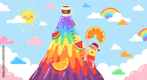 Vibrant rainbow ice cream mountain with fruit slices and a playful character.