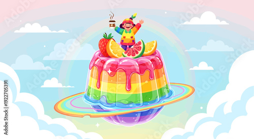 Vibrant Rainbow Jelly Dessert with Fruit Slices and a Small Character.