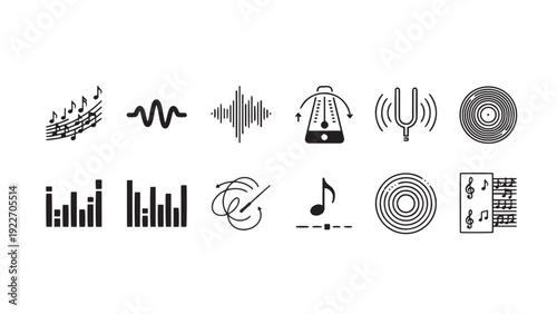 Audio music production icon set for sound engineering software, recording studio applications, DJ mixing platforms, podcast editing interfaces, and multimedia content creation tool design