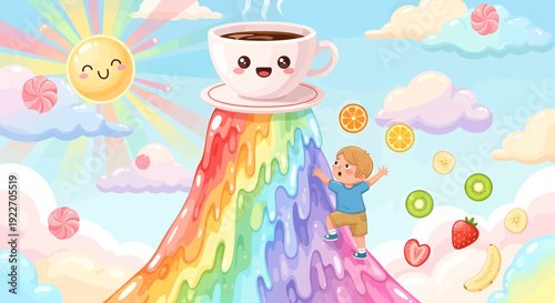 Whimsical Coffee Cup with Rainbow Slide and Playful Child.