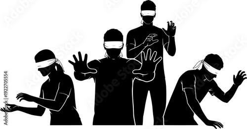 Blindfolded Characters Tentatively Reach Out, Guided By Touch Alone. Fingers Seeking Connection With Surroundings
