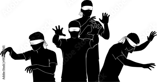 Blindfolded Characters Tentatively Reach Out, Guided By Touch Alone. Fingers Seeking Connection With Surroundings
