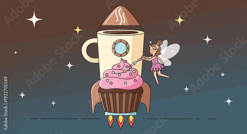 Whimsical fairy decorating a cupcake rocket with coffee cup.