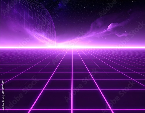 Futuristic Neon Cyber Landscape with Grid and Stars at Dusk