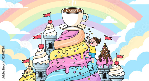 Whimsical Ice Cream Castle with a Coffee Cup Topper and a Boy Climbing.
