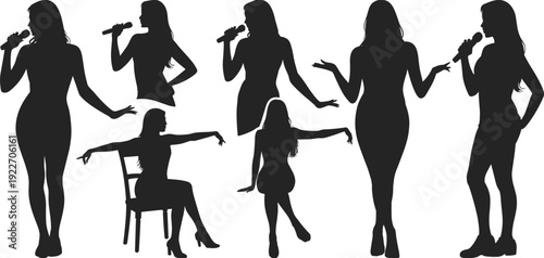 Female singer silhouette collection with microphone, woman performing and dancing black vector set isolated on white background