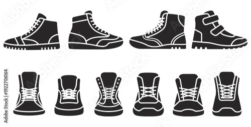 High top sneaker silhouette collection, black athletic boots and casual footwear vector set isolated on white background