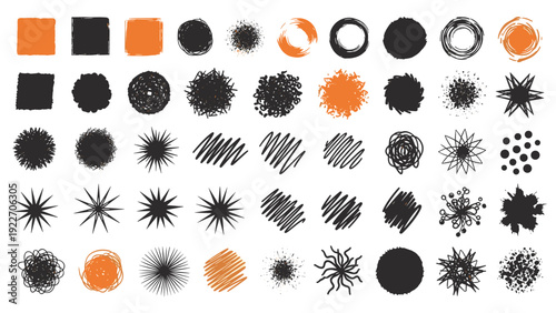 Collection of black and orange hand-drawn abstract shapes stars and scribbles for creative design projects and modern background textures.