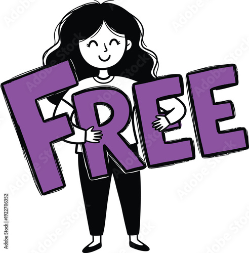 Woman Embracing Large Purple Letters Spelling 'FREE', Concept of Special Offers and Giveaways