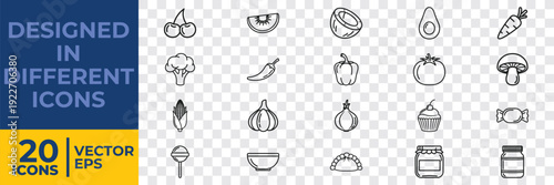 A collection of 20 minimalist flat vector icons depicting various foods, kitchen items, and utensils in black and white design.