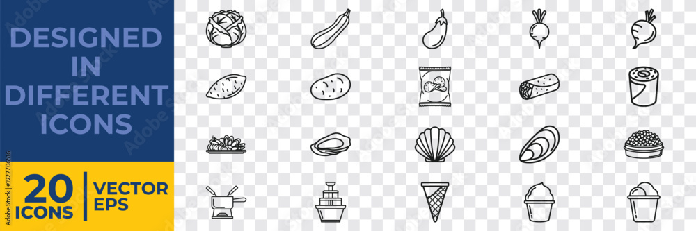 Fototapeta premium A collection of 20 flat vector icons designed in various themes, including food, travel, and objects, ideal for graphic projects and illustrations.